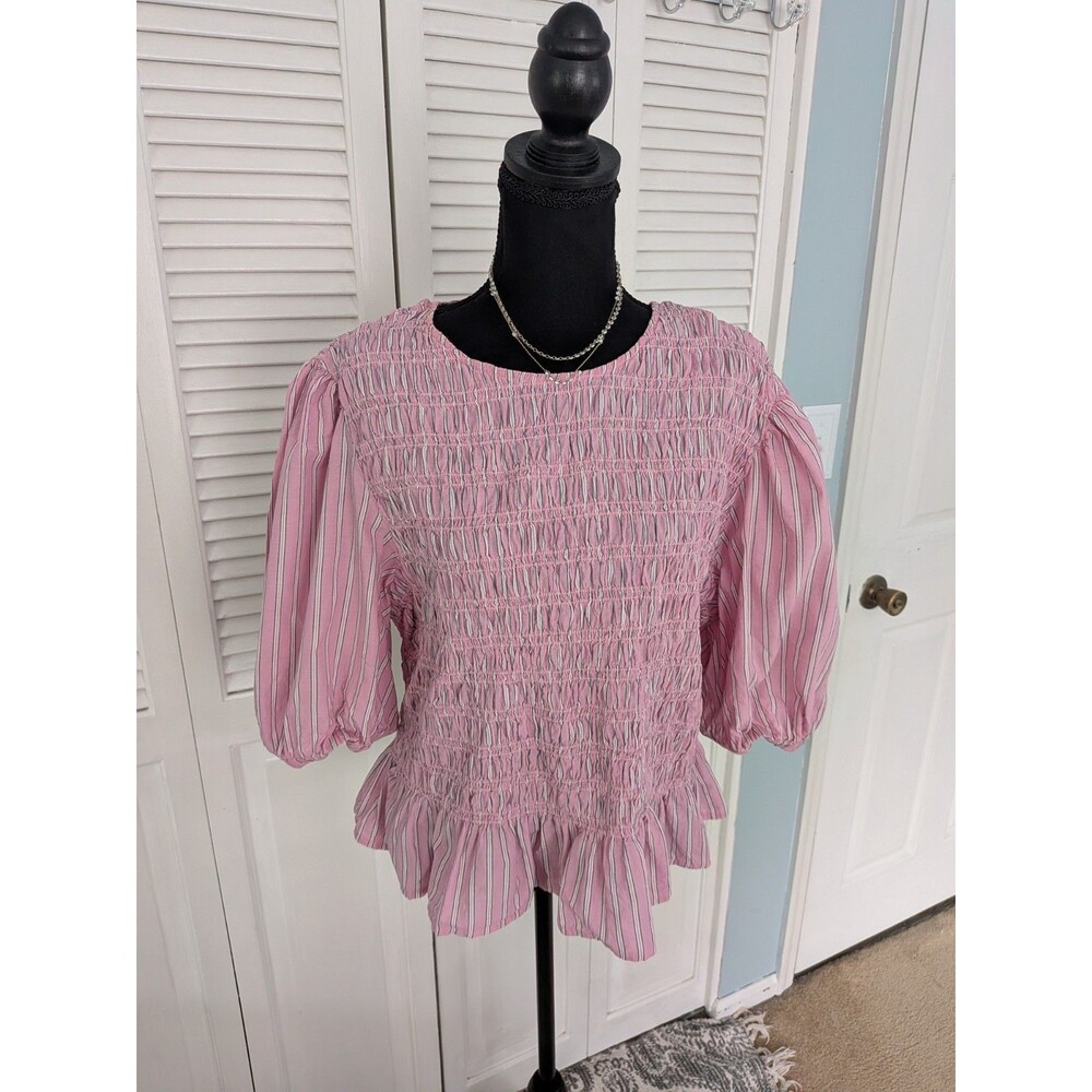 Old Navy Babydoll Milkmaid Top Women 2X Pink Striped Smocked Cottage Boho Puff